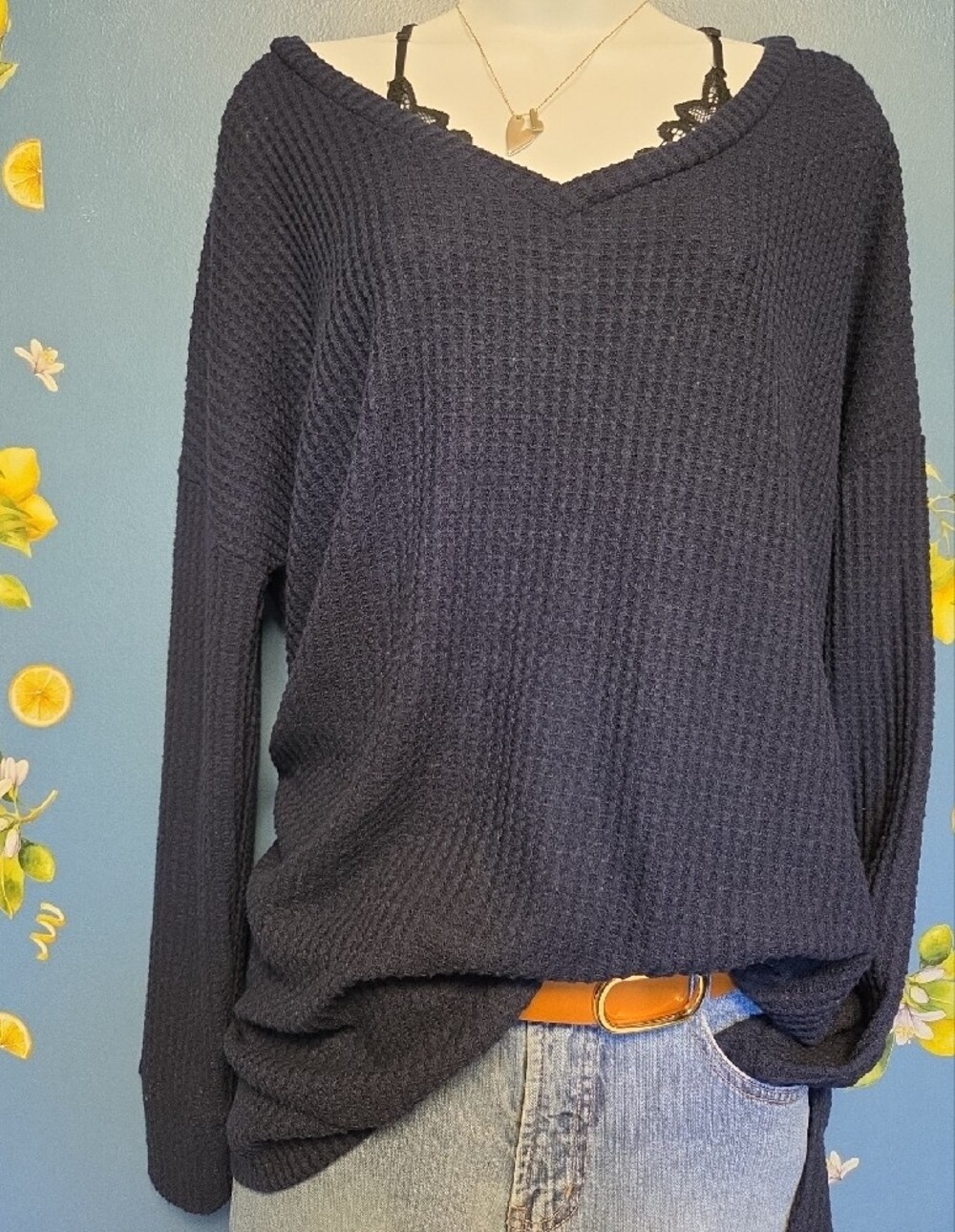 Zenana Outfitters Navy Waffle V-Neck Pullover